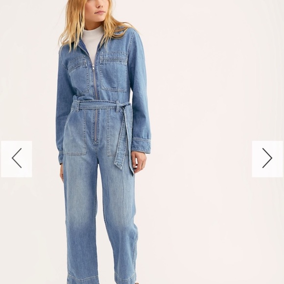 Free People Zipper Front Point Collar Long Sleeve Overall Denim Jumpsuit Size 28 - Picture 3 of 14